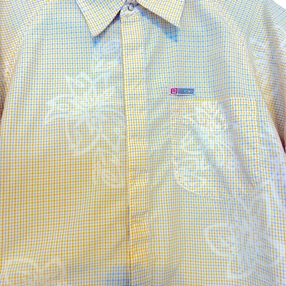 Vintage OP Yellow Polyester Plaid Short Sleeve Shirt  with Floral imprint Mens M - Picture 7 of 13
